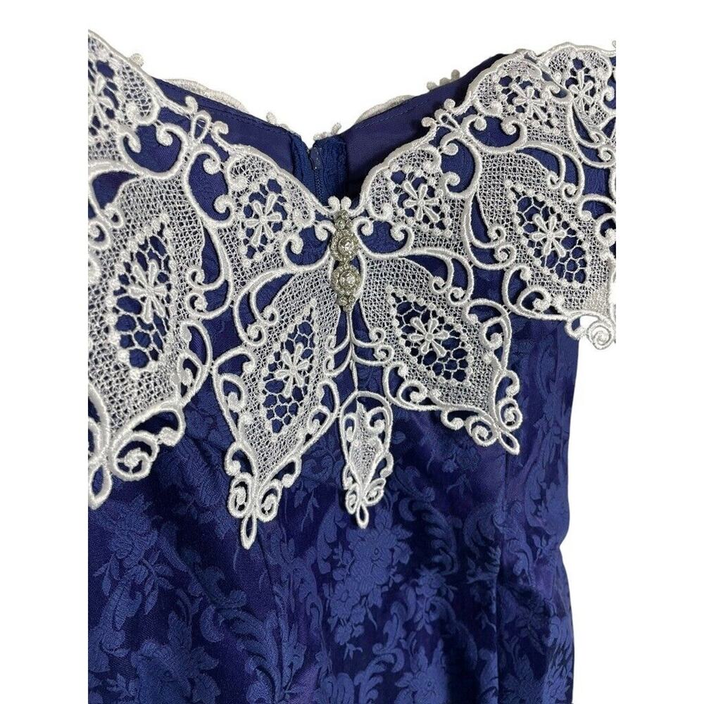 80s Scott McClintock Blue Jacquard Off Shoulder Wide Lace Wiggle Dress Size 8 - Picture 2 of 4